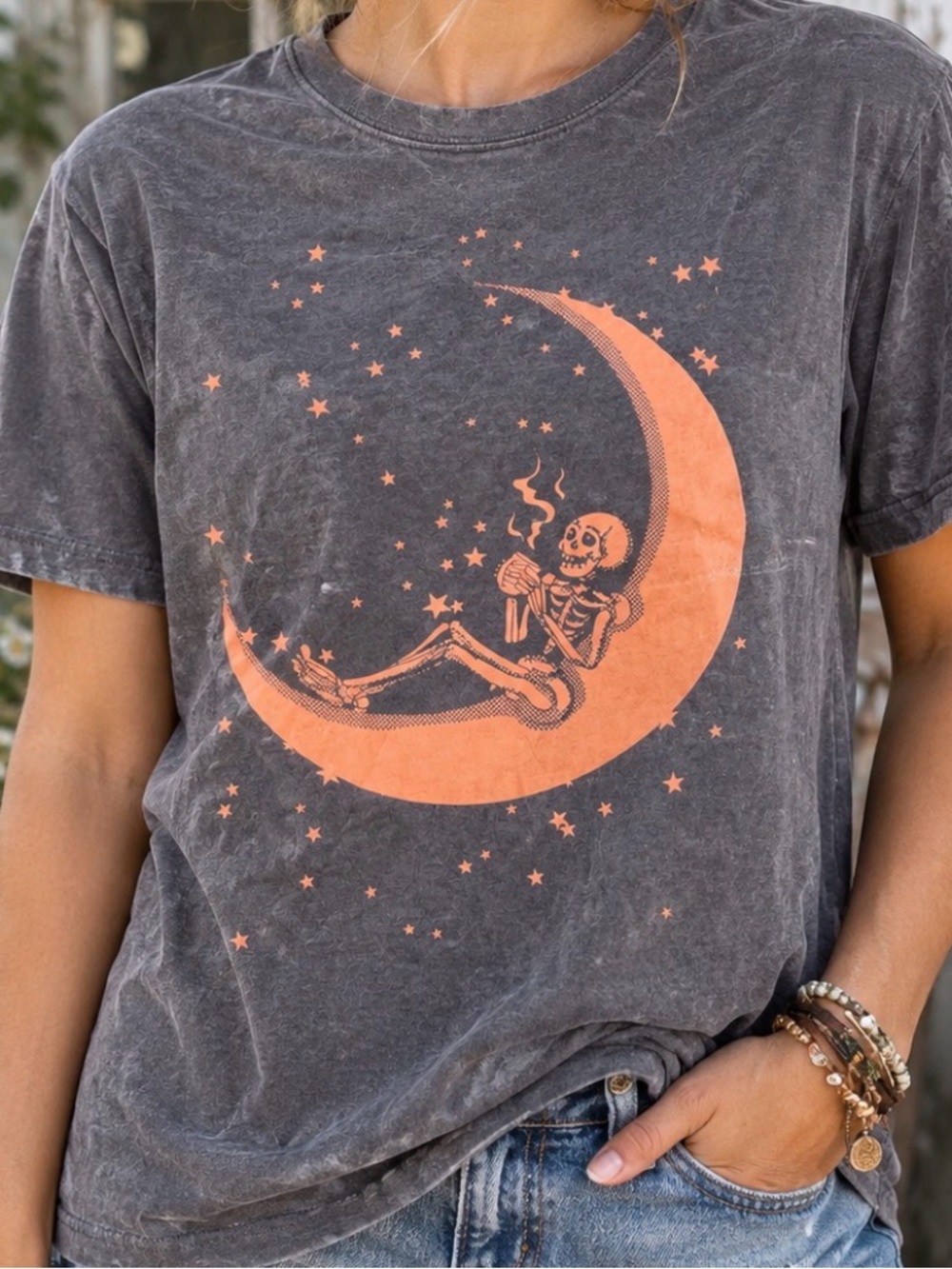 Women's Charcoal Short-Sleeve Tee with Orange Moon & Skeleton Graphic